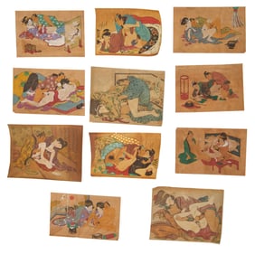 (11) Japanese Shunga woodblock prints on silk