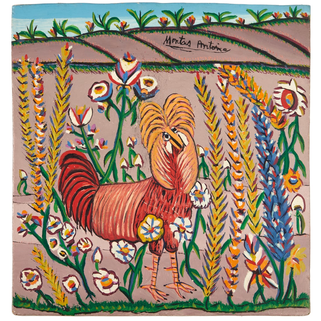 Montas Antoine, oil on Masonite: Montas Antoine, oil on Masonite, Montas Antoine (Haitian, 1926-1988), Rooster and Flowers, signed upper right, unframed, 12.5"h x 12"w Provenance: The Iris Apfel Collection