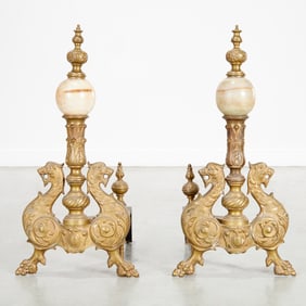 Pair Renaissance Revival brass and onyx chenets