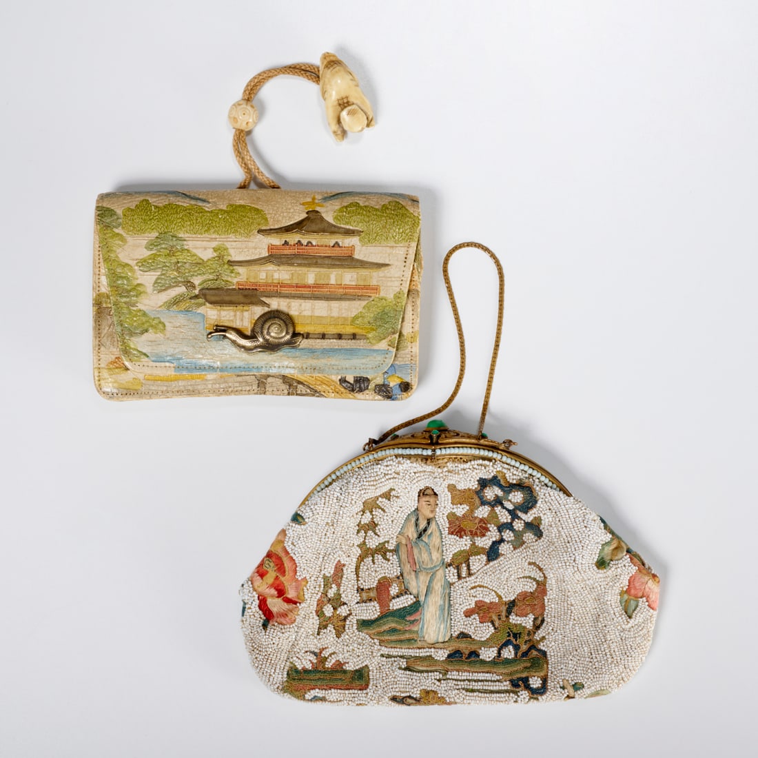 (2) Vintage Asian clutch bags: (2) Vintage Asian clutch bags, (1) 20th c., clutch style beaded and embroidered bag with metal frame, featuring traditional scene, hand sewn and embroidered, cabochons decorating frame, chain strap, 4