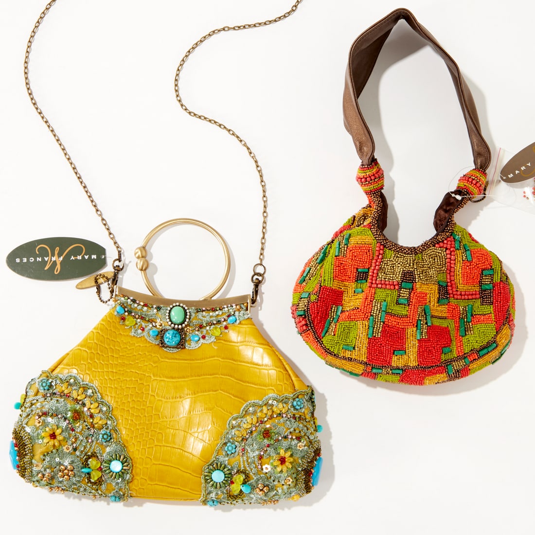 (2) Mary Frances embellished handbags: (2) Mary Frances embellished handbags, 20th c., both from the Peabody Museum curated exhibition sale, (1) with all over beading in oranges and greens with stone details, single brown leather strap, ap