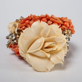 Vintage carved floral and coral statement bracelet