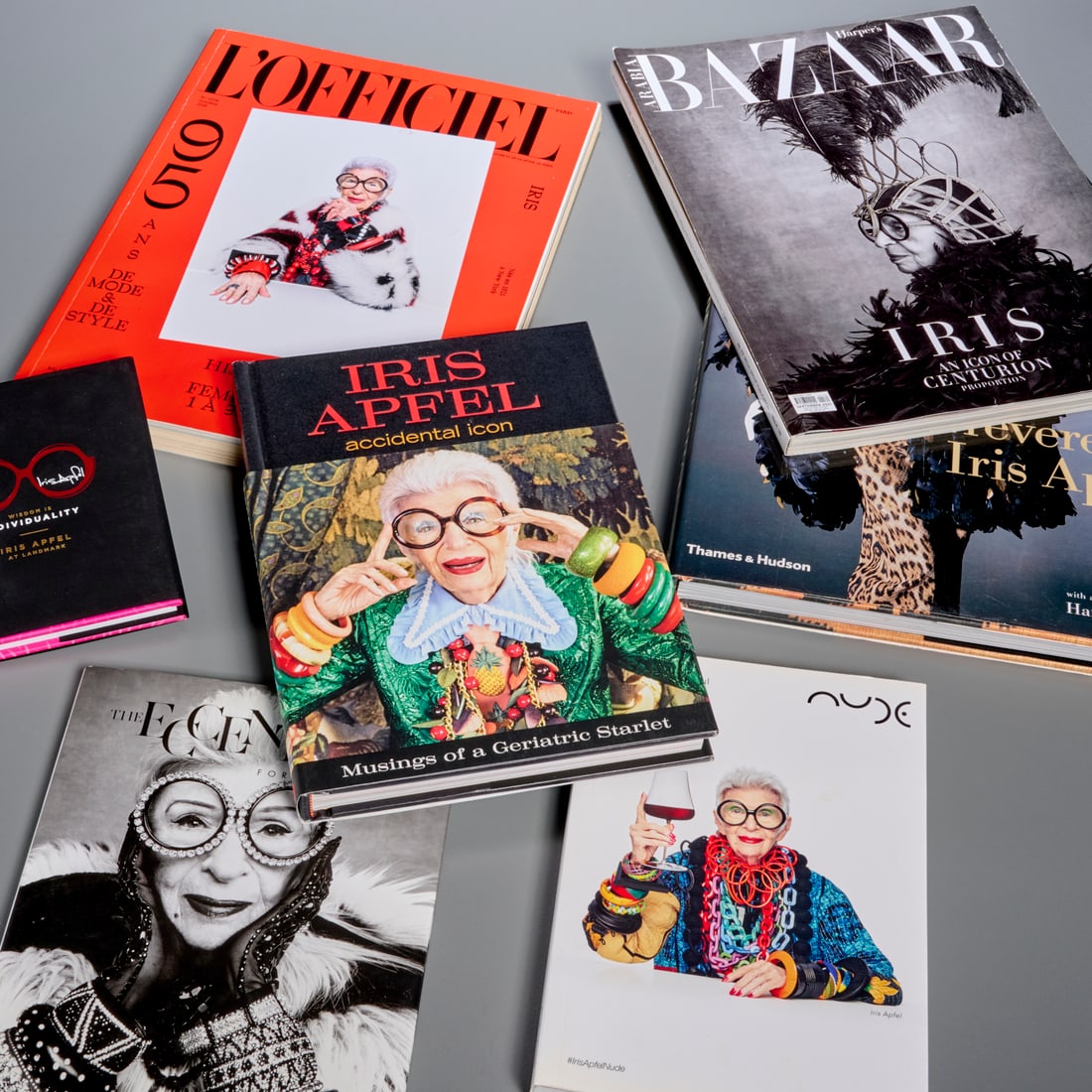 Iris Apfel, books and magazines, one signed: Iris Apfel, books and magazines, one signed, (7) pcs. incl. Rare Bird of Fashion: The Irreverent Iris Apfel. Thames & Hudson, 2007, with gift inscription signed "Iris"; Iris Apfel Accidental Icon, Har