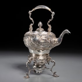 Fine George II silver hot water kettle on stand