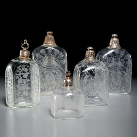 (5) German silver-mounted etched glass bottles
