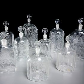 Collection (9) Continental etched glass bottles