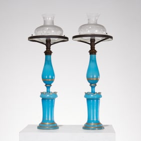 Pair Louis Philippe opaline glass sinumbra lamps