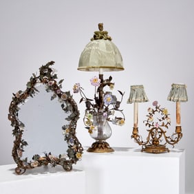 French tole, porcelain blossom lamps and mirror