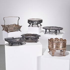 Group (7) silver plated stands, baskets, dishes