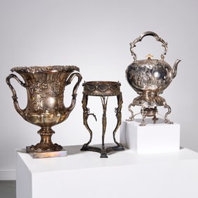Antique silverplated wine cooler, kettle and stand
