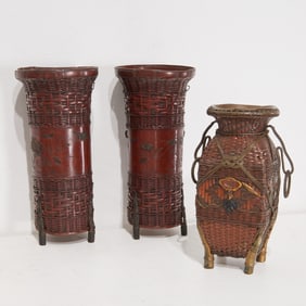 (3) Japanese copper basketry ikebana vases