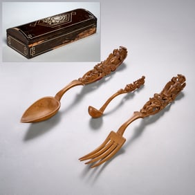 Antique Swiss carved limewood serving set