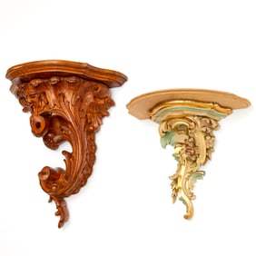 (2) Large Continental Rococo carved wall brackets