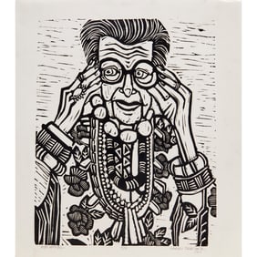 Carrie Skoczek, "Iris Apfel" linocut, 2011