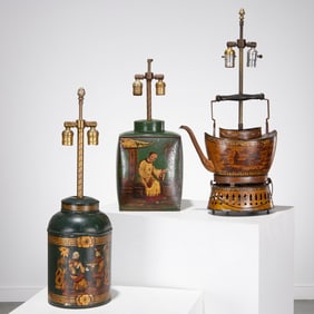 Group (3) antique tole peinte table lamps