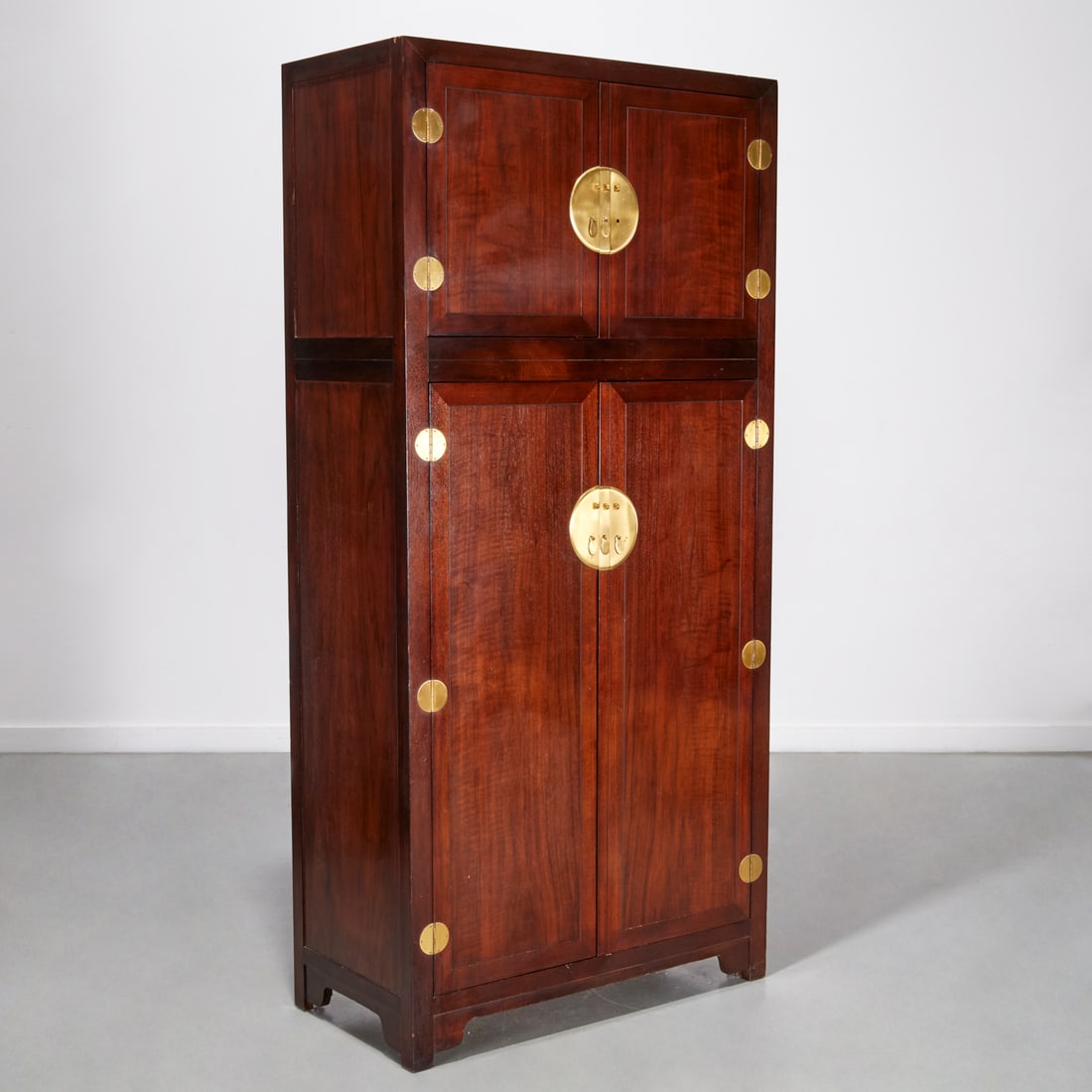 Michael Taylor for Baker, compound style cabinet: Michael Taylor for Baker, compound style cabinet, 20th c., Far East Collection, the interior fitted with shelves, divided compartments, and drawers, metal tag label to interior, 80.5"h x 38.5"w x 19.2