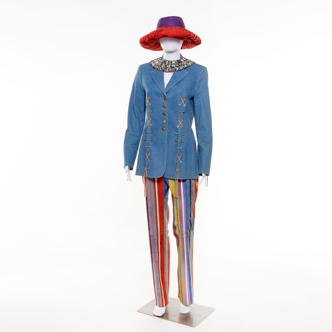 Dolce & Gabbana suede pants, Escada jacket: Dolce & Gabbana suede pants, Escada jacket, c. 1990s, Made in Italy, (1) Escada jacket in stretch light denim with stitching detail, gold buttons, lace up sides, size 36, (1) Dolce pants in variegated