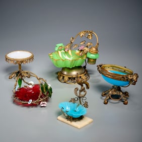(5) Palais Royal style gilt metal & glass objects