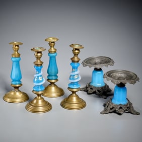 French blue opaline glass candlesticks and tazze