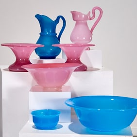 Group French blue &  pink opaline glass tablewares
