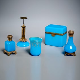 (5) French & English blue opaline glass objects