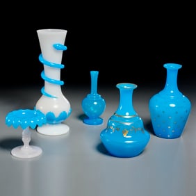 Group antique French blue opaline glassware
