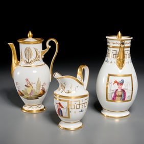 Old Paris porcelain coffee pots and cream jug
