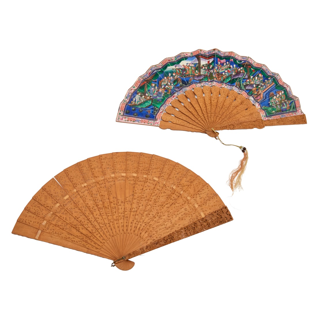 (2) Chinese Export carved sandalwood fans (1 of 6)