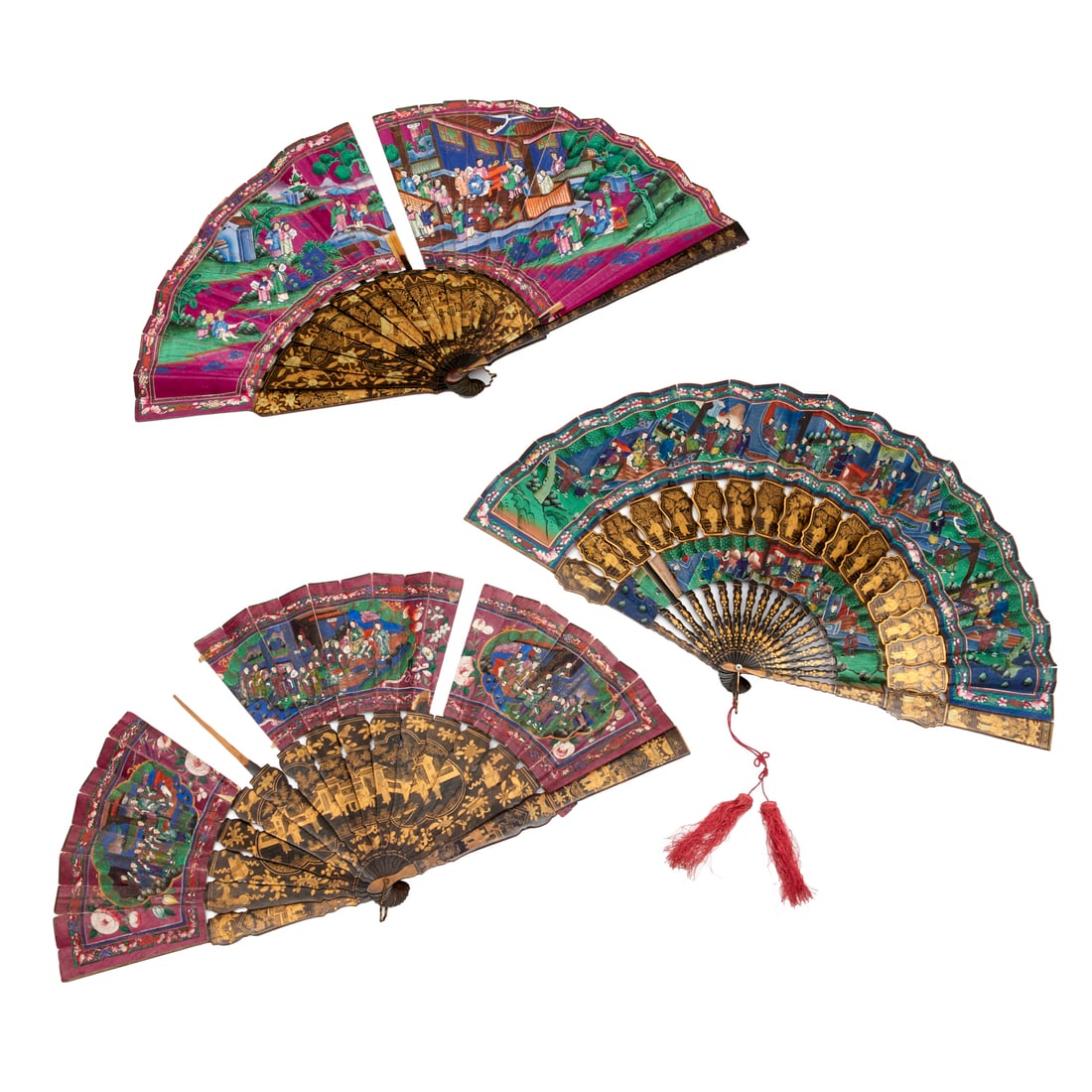 (3) Chinese Export lacquered and hand painted fans (1 of 9)