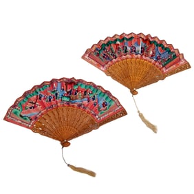 (2) Chinese Export sandalwood hand painted fans