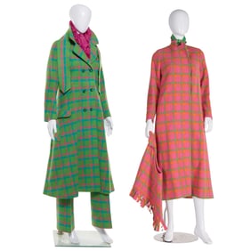 (2) Bright plaid wool coat ensembles
