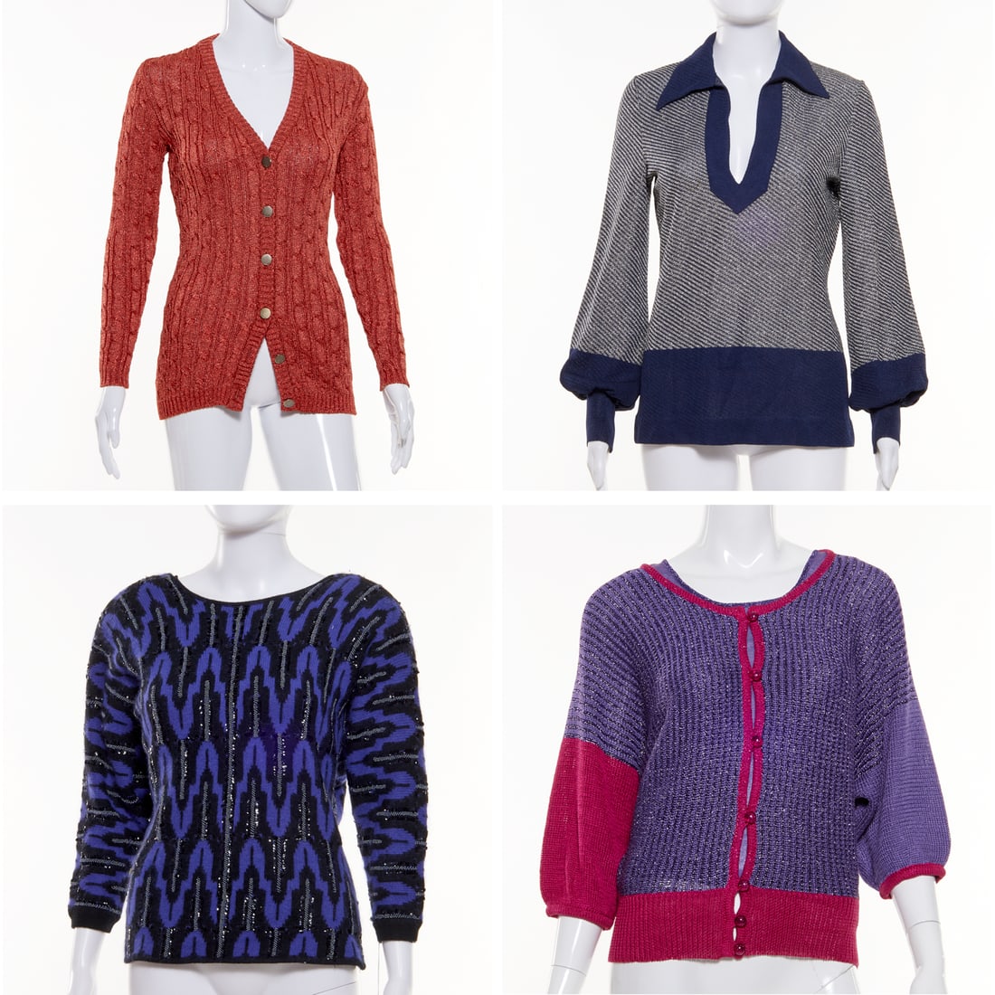 Group of vintage Glitzy sweaters: Group of vintage Glitzy sweaters, 20th c. Made in Italy & France, (1) Gino Paoli, size 10, split neck, (1) V-back Vesna Bricelj in cobalt, size M, with sequins and beads, (1) Antonella tricot set in p