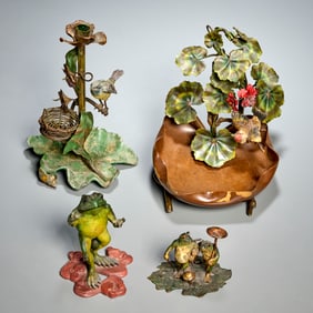 Vienna bird & frog cold painted metalware group