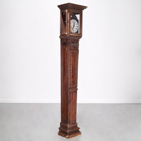 French Provincial carved oak tall case clock