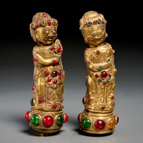 (2) Balinese gilt metal and jeweled kris handles