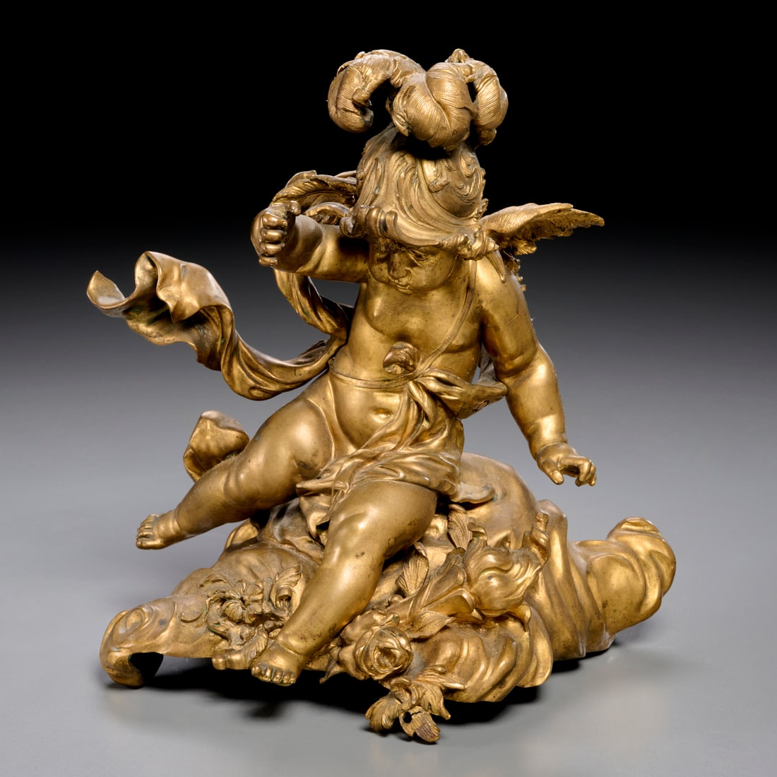 Francois Linke (attrib), large gilt bronze cupid: Francois Linke (attrib), large gilt bronze cupid, Attributed to Francois Linke (French, 1855-1946), "L'enfant Guerrier", after a design by Leon Message, cast gilt bronze, no signature observed, 12"h x