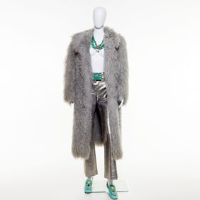 Silver gray curly lamb long coat, snakeskin pants
