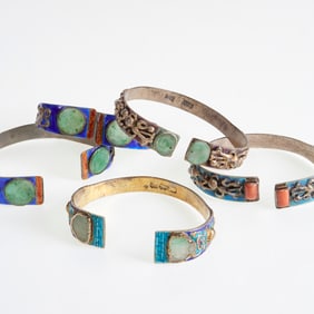 (5) Chinese silver, enamel and jade cuff bracelets