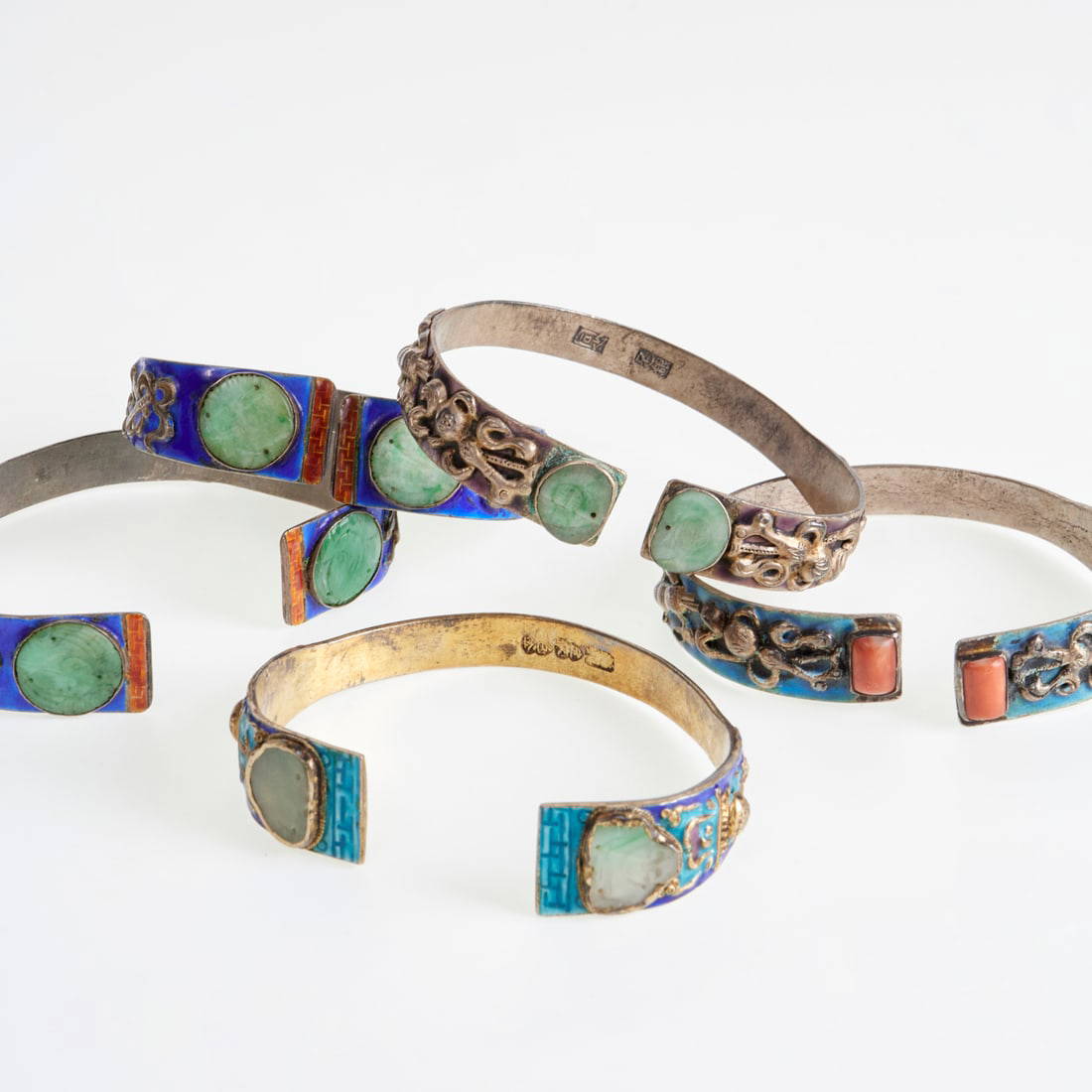 (5) Chinese silver, enamel and jade cuff bracelets