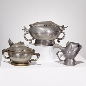 (2) Chinese pewter, jade warming dishes and ewer
