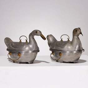 (2) Chinese pewter warming dishes