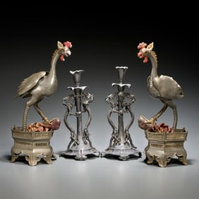 Chinese pewter joss holders and candlesticks
