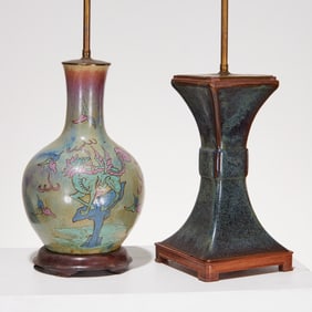 (2) Antique Asian flambe glazed vase lamps
