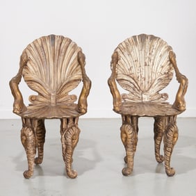 Pair Venetian silvered wood Grotto armchairs