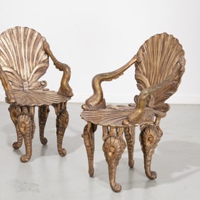 Pair Venetian silvered wood Grotto armchairs