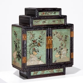 Chinese jade inlaid hardwood and lacquer cabinet