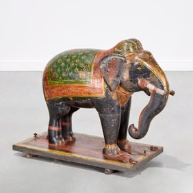 Large Indian polychromed wood elephant