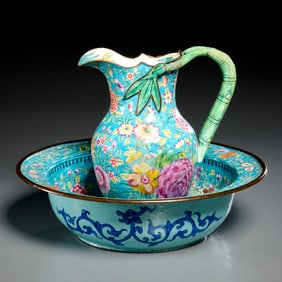 Antique Chinese Canton enamel ewer and basin