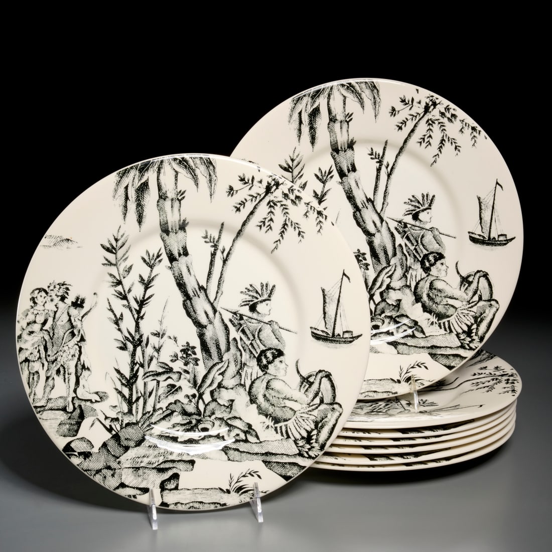 Set (8) Pierre Deux "Lafayette" dinner plates: Set (8) Pierre Deux "Lafayette" dinner plates, 20th c., France, by Faiencerie de Gien, marked underside, each 12.5"dia Provenance: The Iris Apfel Collection