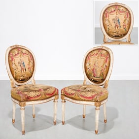 Pair Louis XVI painted Aubusson chairs